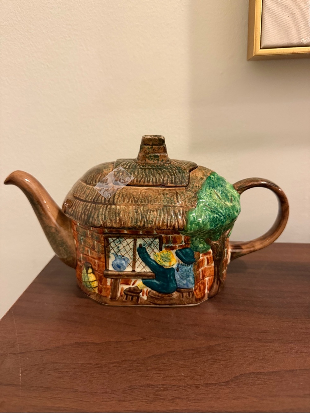 Hand-Painted Cottage Teapot in Brown and Green